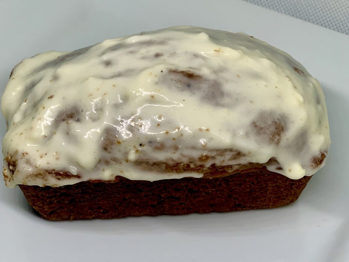 Pumpkin Spice bread topped with white chocolate cream